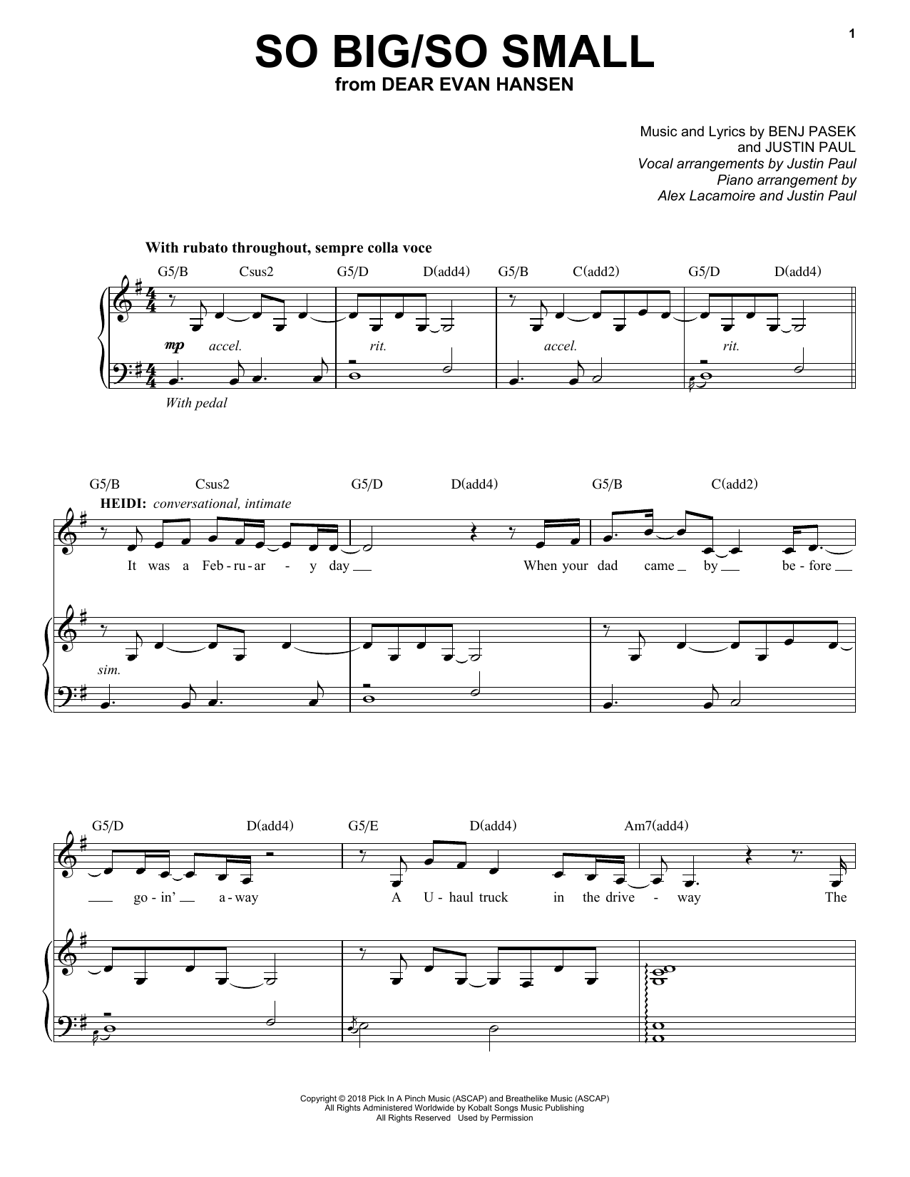 Pasek & Paul So Big/So Small (from Dear Evan Hansen) Sheet Music