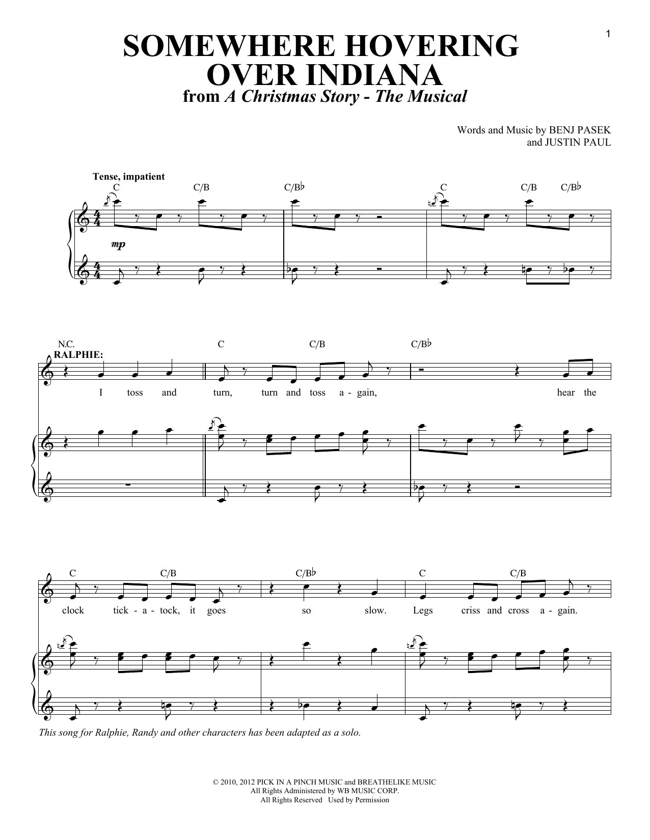 Justin Paul Somewhere Hovering Over Indiana Sheet Music