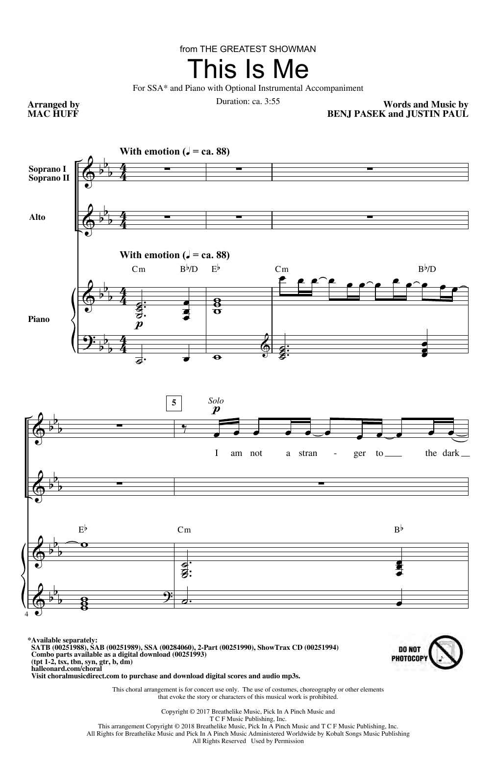 Pasek & Paul This Is Me (from The Greatest Showman) (arr. Mac Huff) Sheet Music