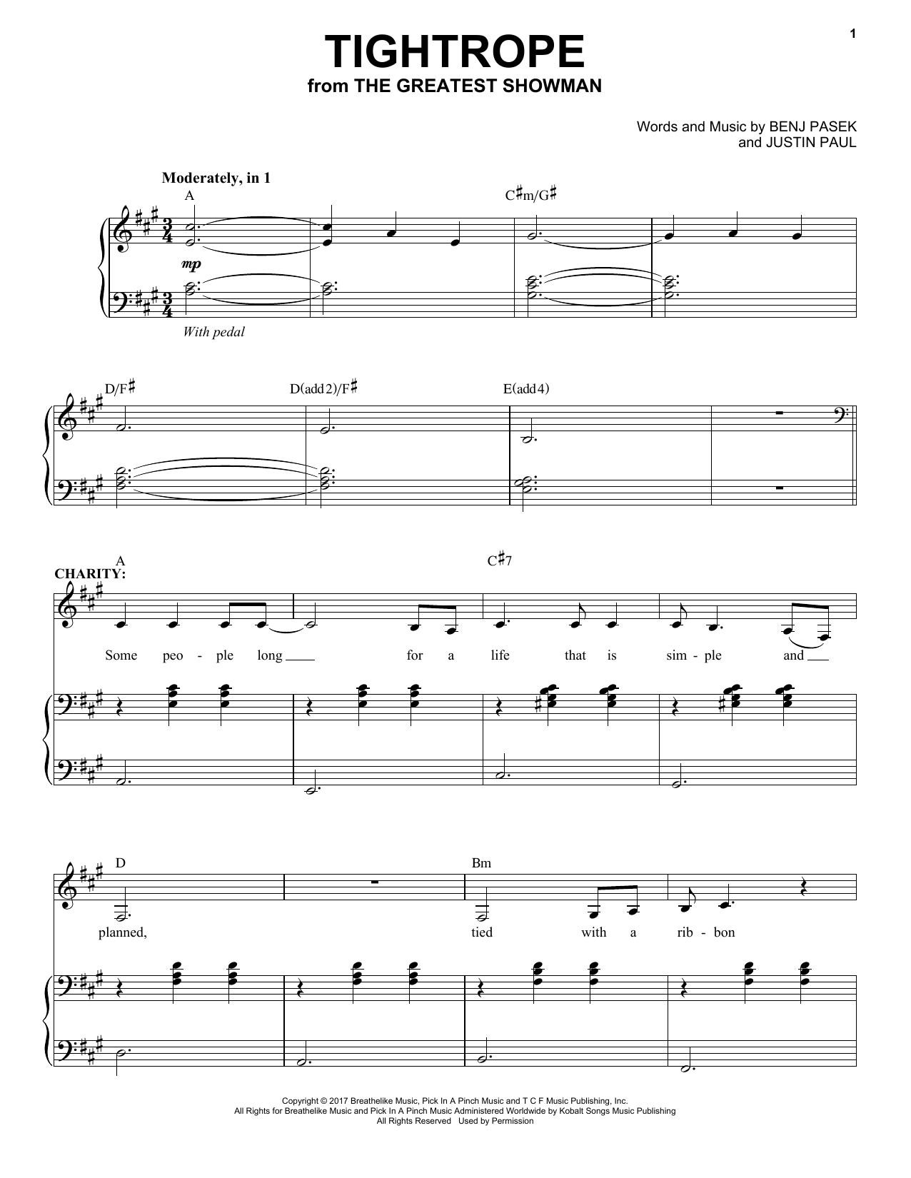 Pasek & Paul Tightrope (from The Greatest Showman) Sheet Music