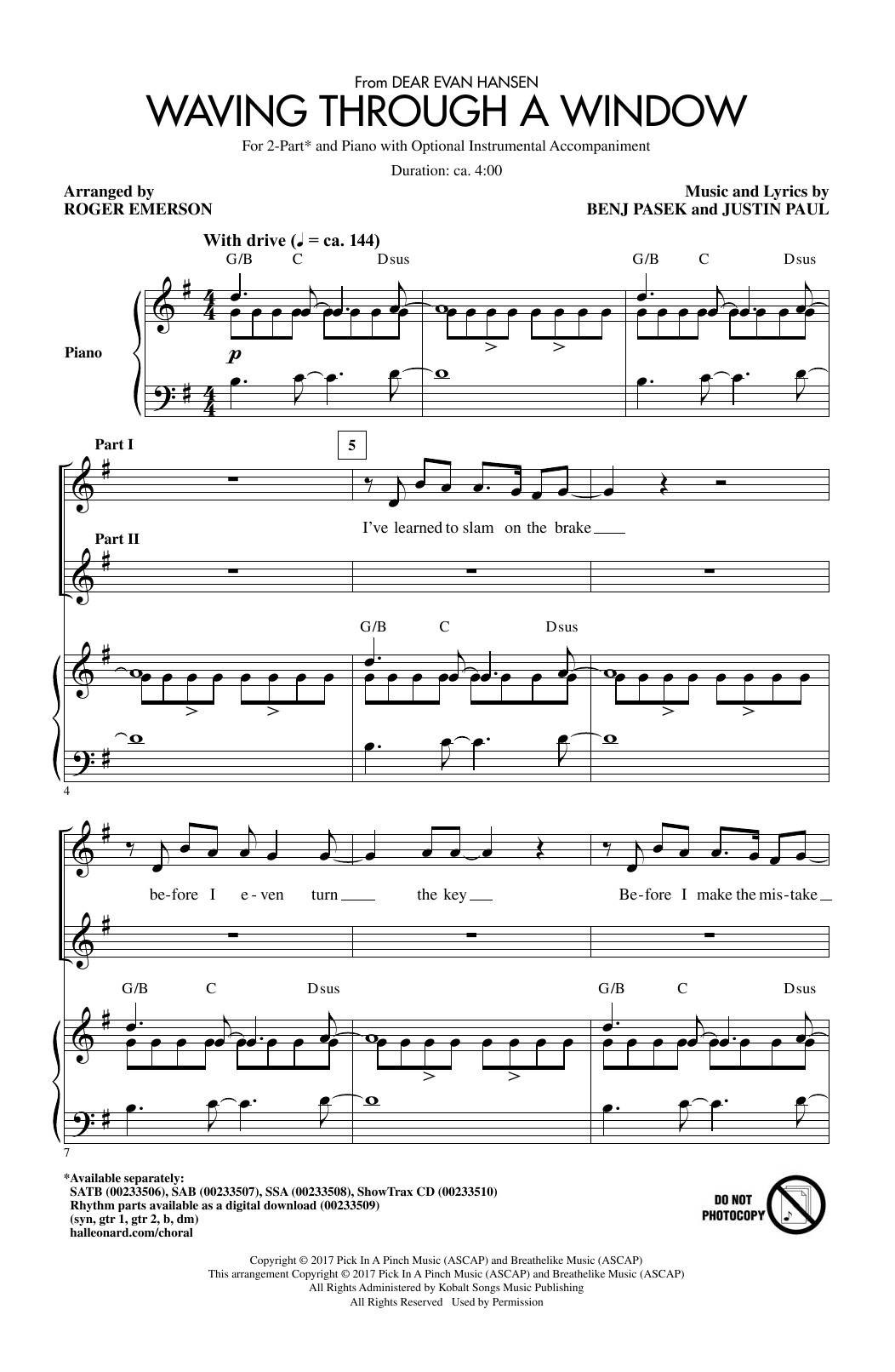 Pasek & Paul Waving Through A Window (arr. Roger Emerson) Sheet Music
