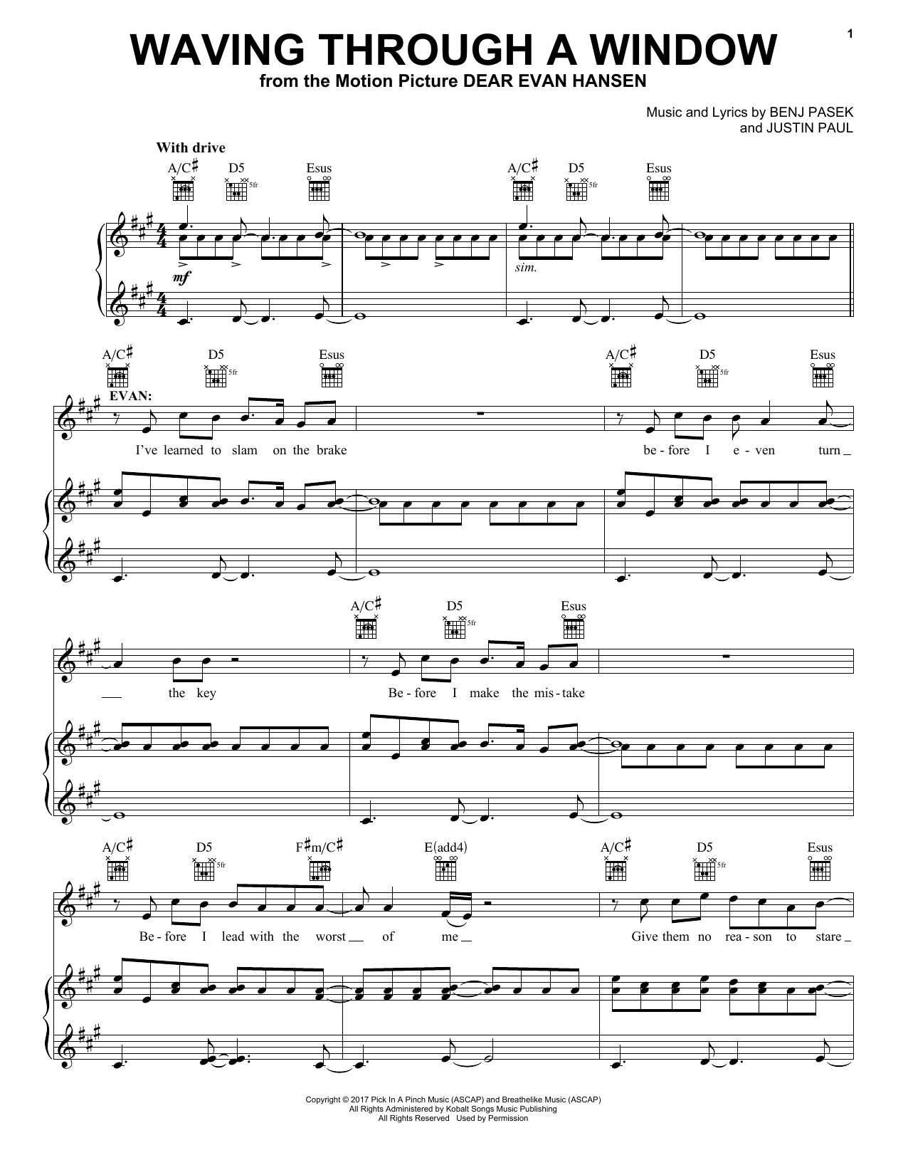 Pasek & Paul Waving Through A Window (from Dear Evan Hansen) Sheet Music