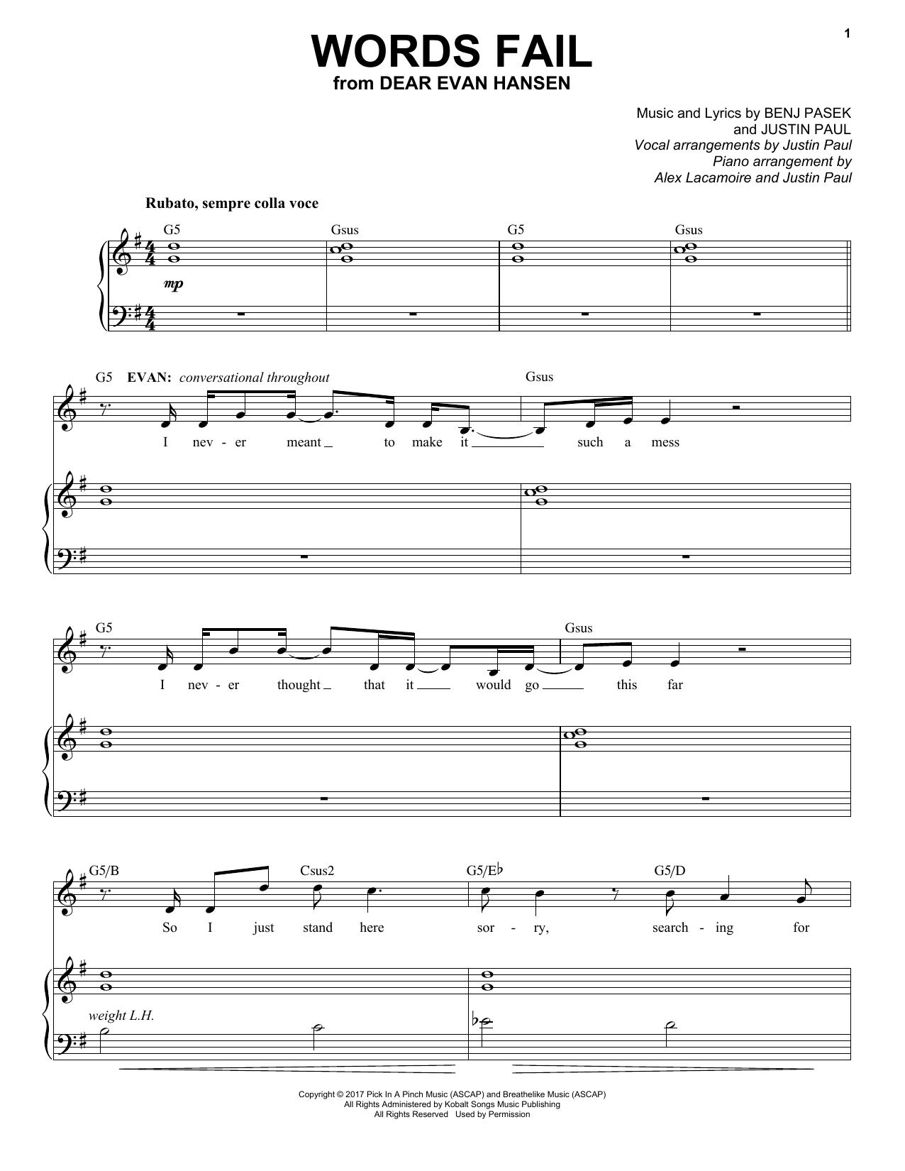 Pasek & Paul Words Fail (from Dear Evan Hansen) Sheet Music