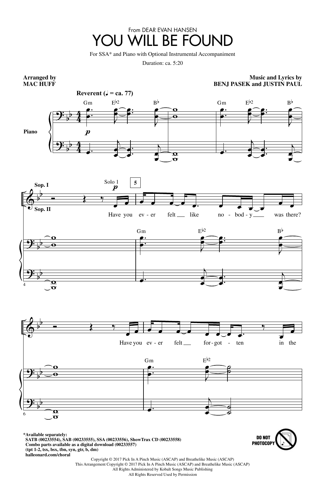 Pasek & Paul You Will Be Found (from Dear Evan Hansen) (arr. Mac Huff) Sheet Music