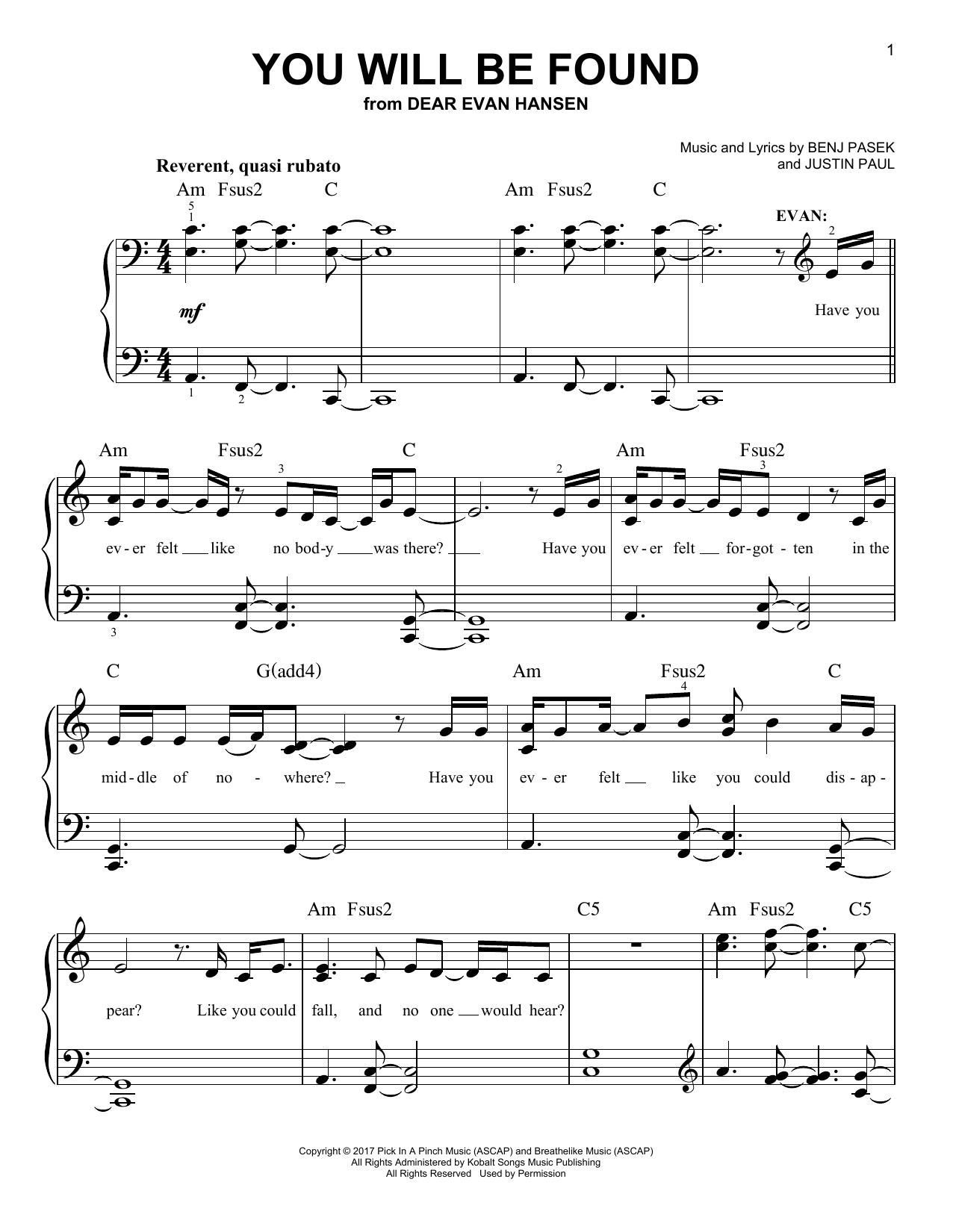 Pasek & Paul You Will Be Found (from Dear Evan Hansen) Sheet Music