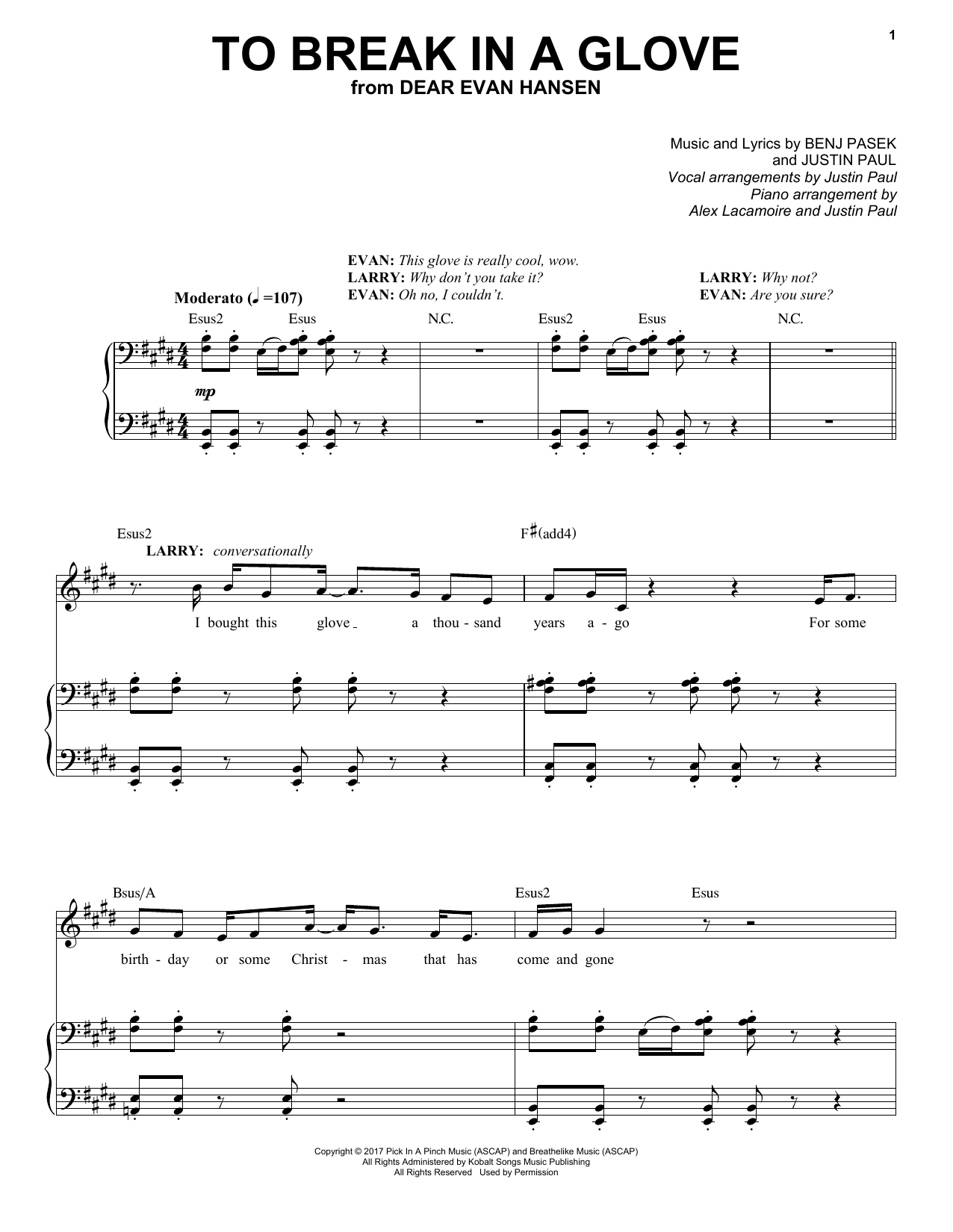 Pasek & Paul To Break In A Glove (from Dear Evan Hansen) Sheet Music