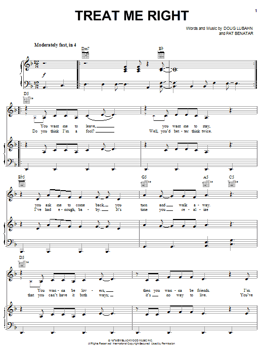 Pat Benatar Treat Me Right Sheet Music