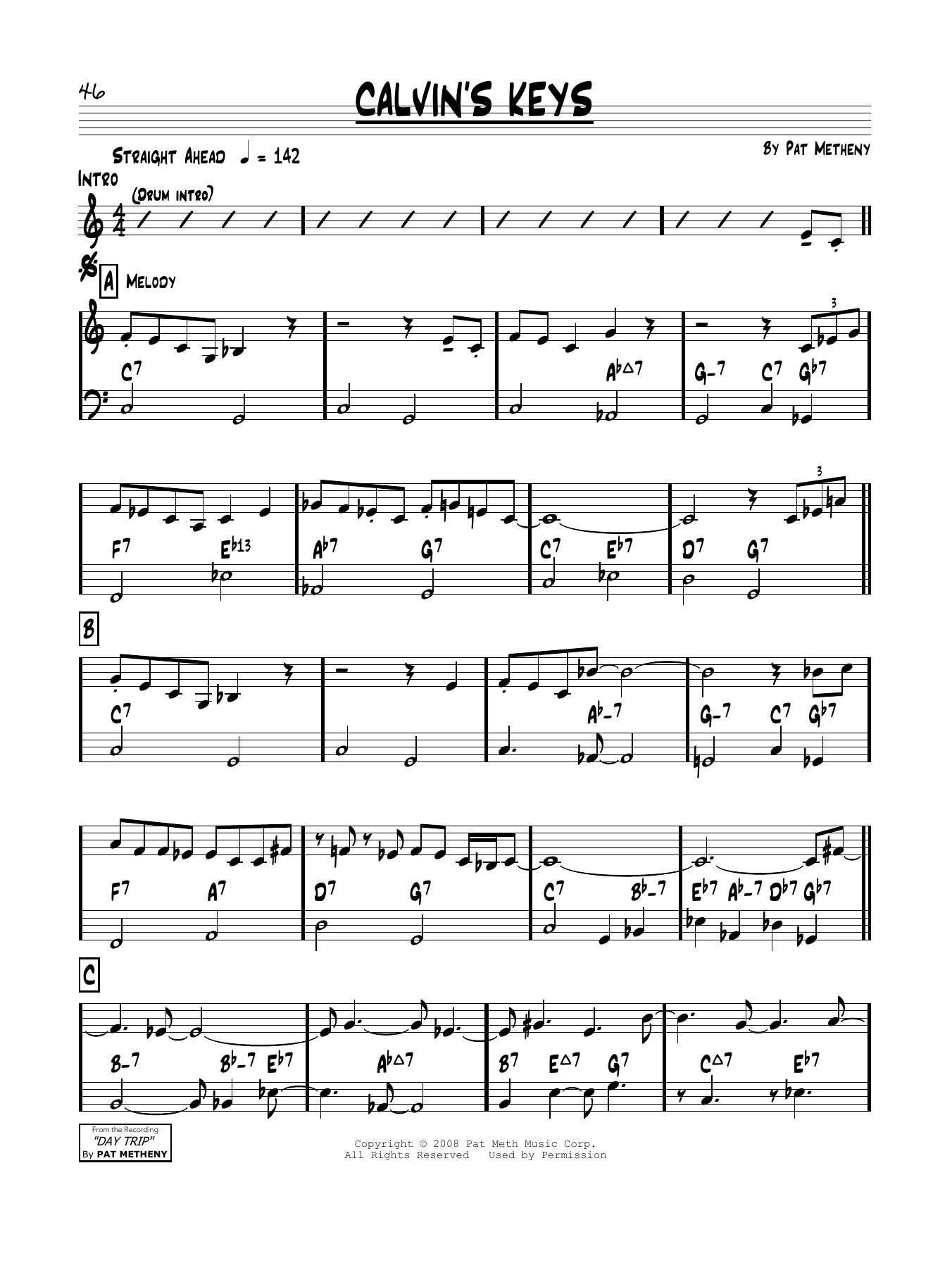 Pat Metheny Calvin's Keys Sheet Music