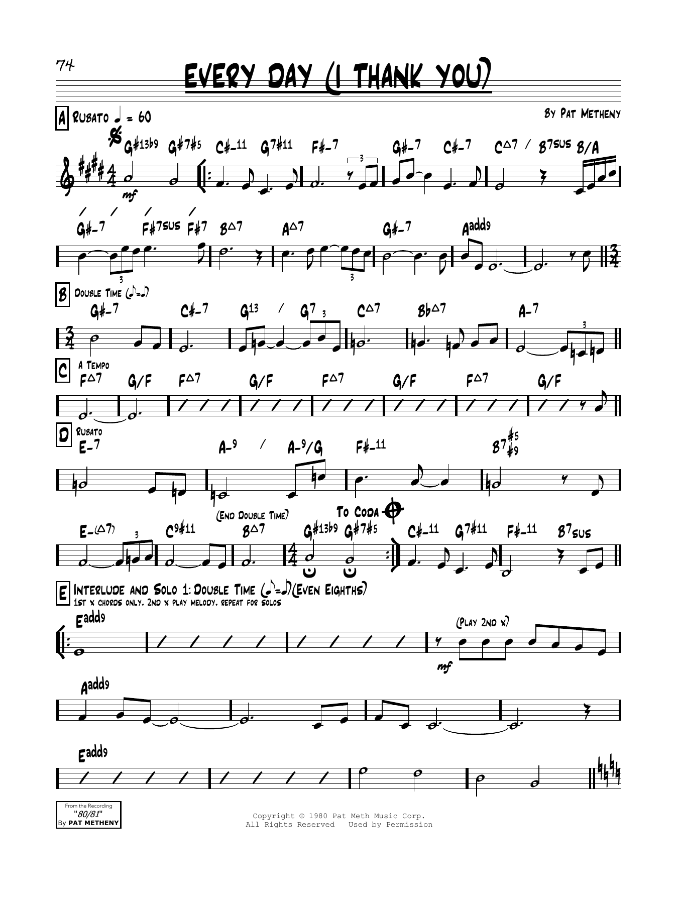 Pat Metheny Every Day (I Thank You) Sheet Music