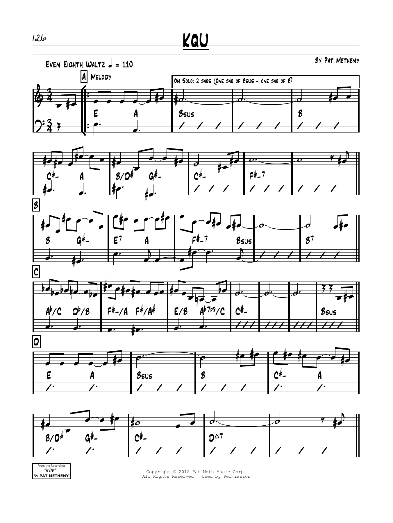 Pat Metheny KQU Sheet Music