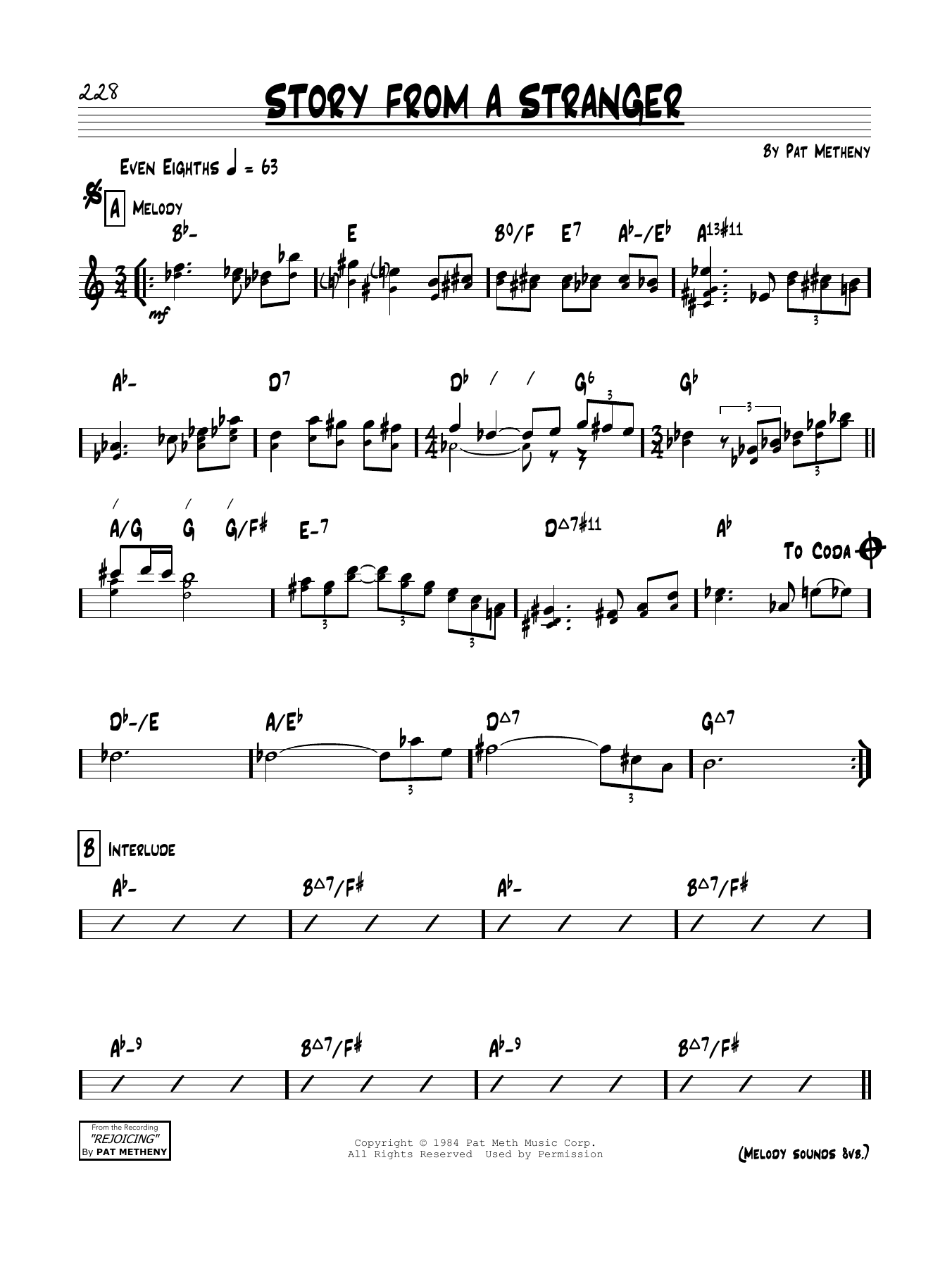 Pat Metheny Story From A Stranger Sheet Music