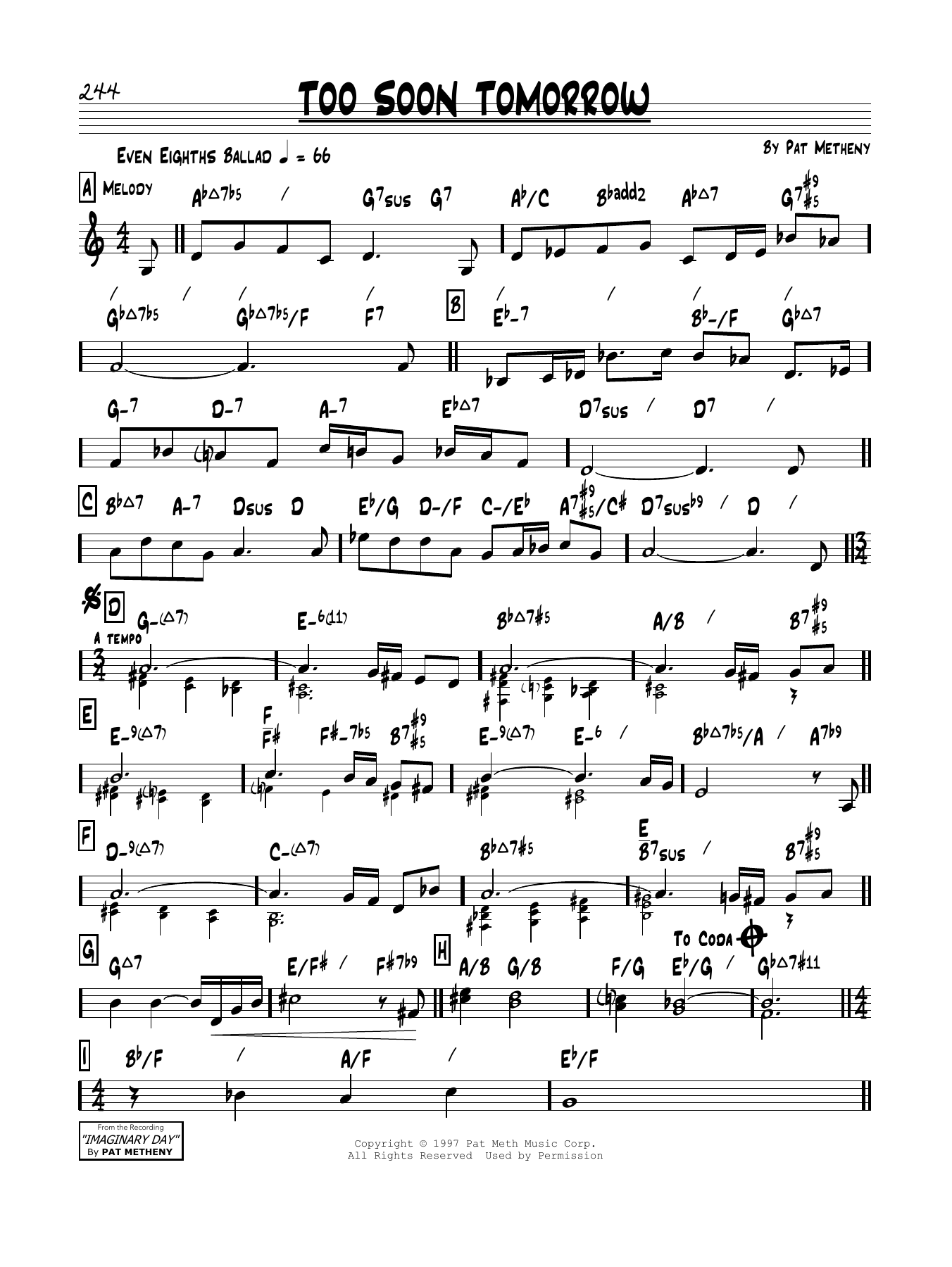 Pat Metheny Too Soon Tomorrow Sheet Music