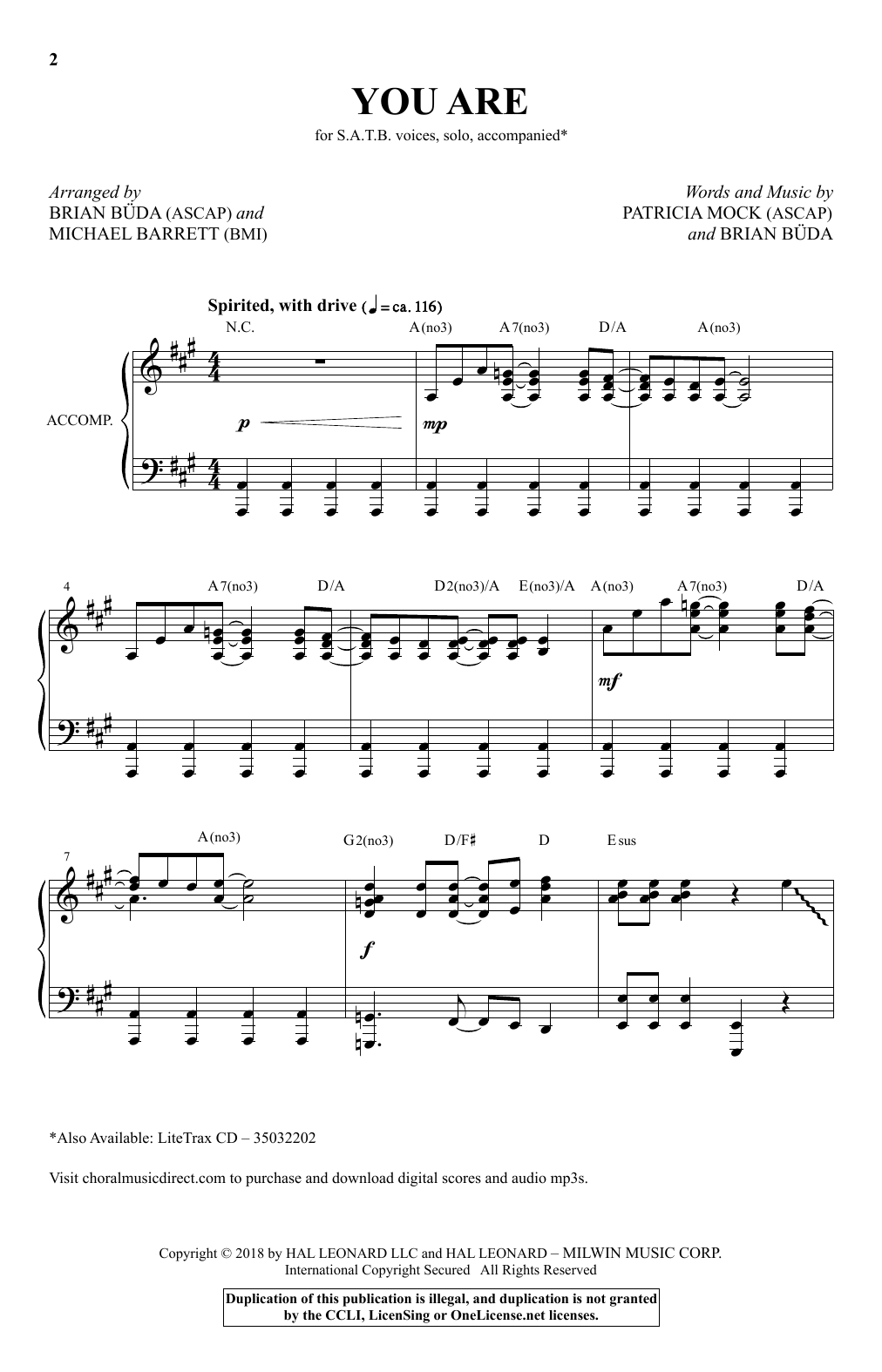 Patricia Mock & Brian Buda You Are (Brian Buda & Michael Barrett) Sheet Music