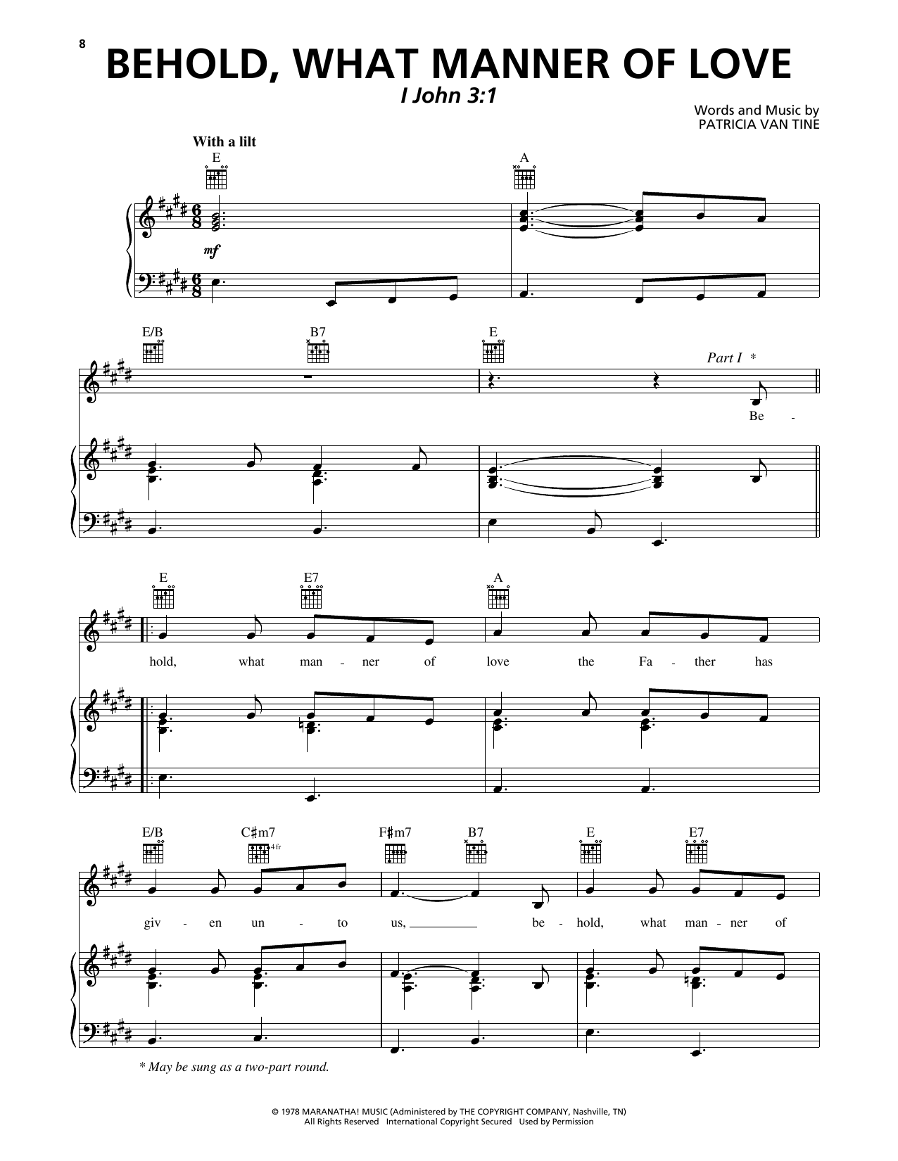 Patricia Van Tine Behold, What Manner Of Love Sheet Music