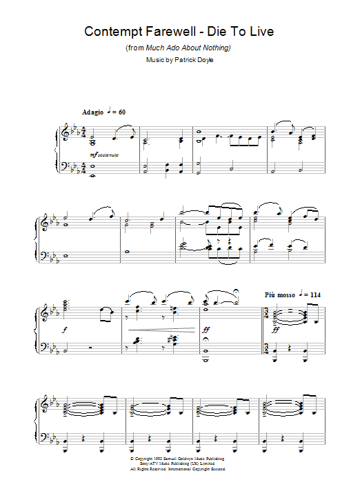Patrick Doyle Contempt Farewell - Die To Live (from Much Ado About Nothing) Sheet Music