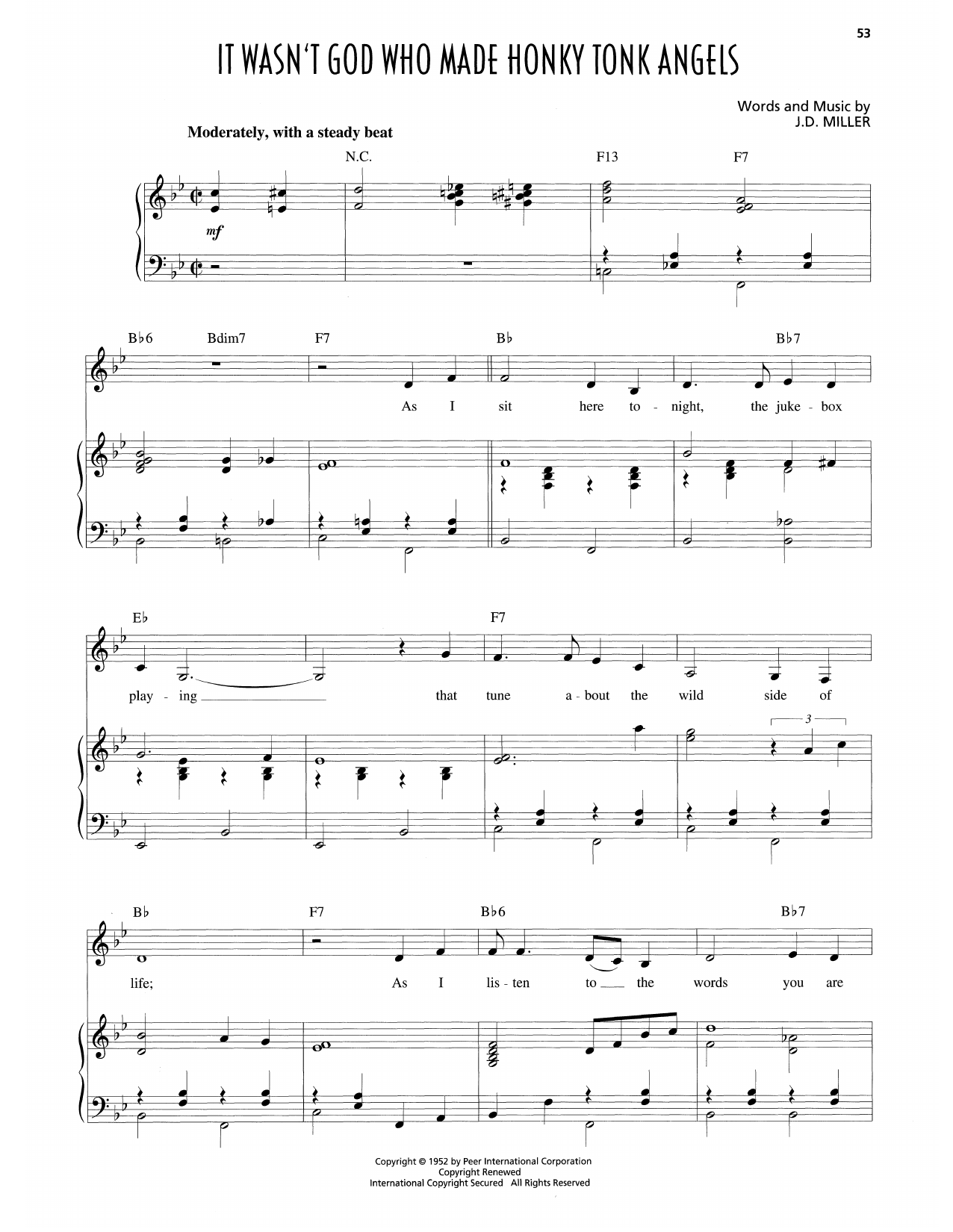 Patsy Cline It Wasn't God Who Made Honky Tonk Angels Sheet Music