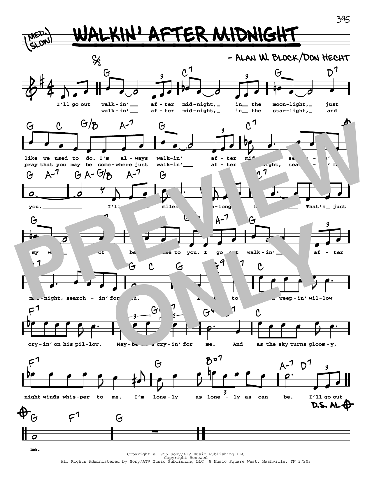 Patsy Cline Walkin' After Midnight (High Voice) Sheet Music