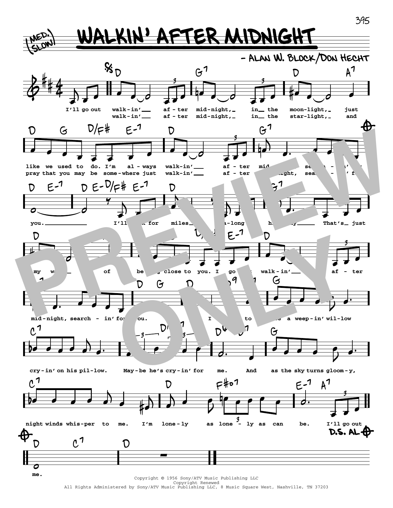 Patsy Cline Walkin' After Midnight (Low Voice) Sheet Music
