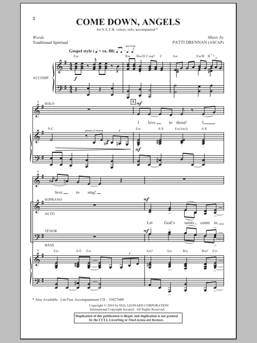 Patti Drennan Come Down, Angels Sheet Music
