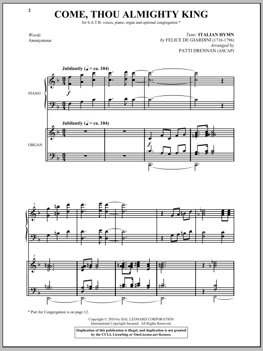 Patti Drennan Come, Thou Almighty King Sheet Music