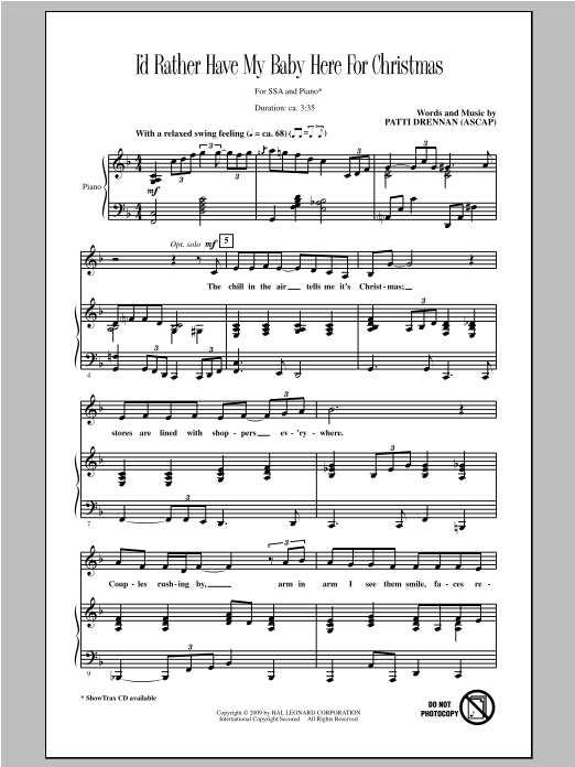 Patti Drennan I'd Rather Have My Baby Here For Christmas Sheet Music