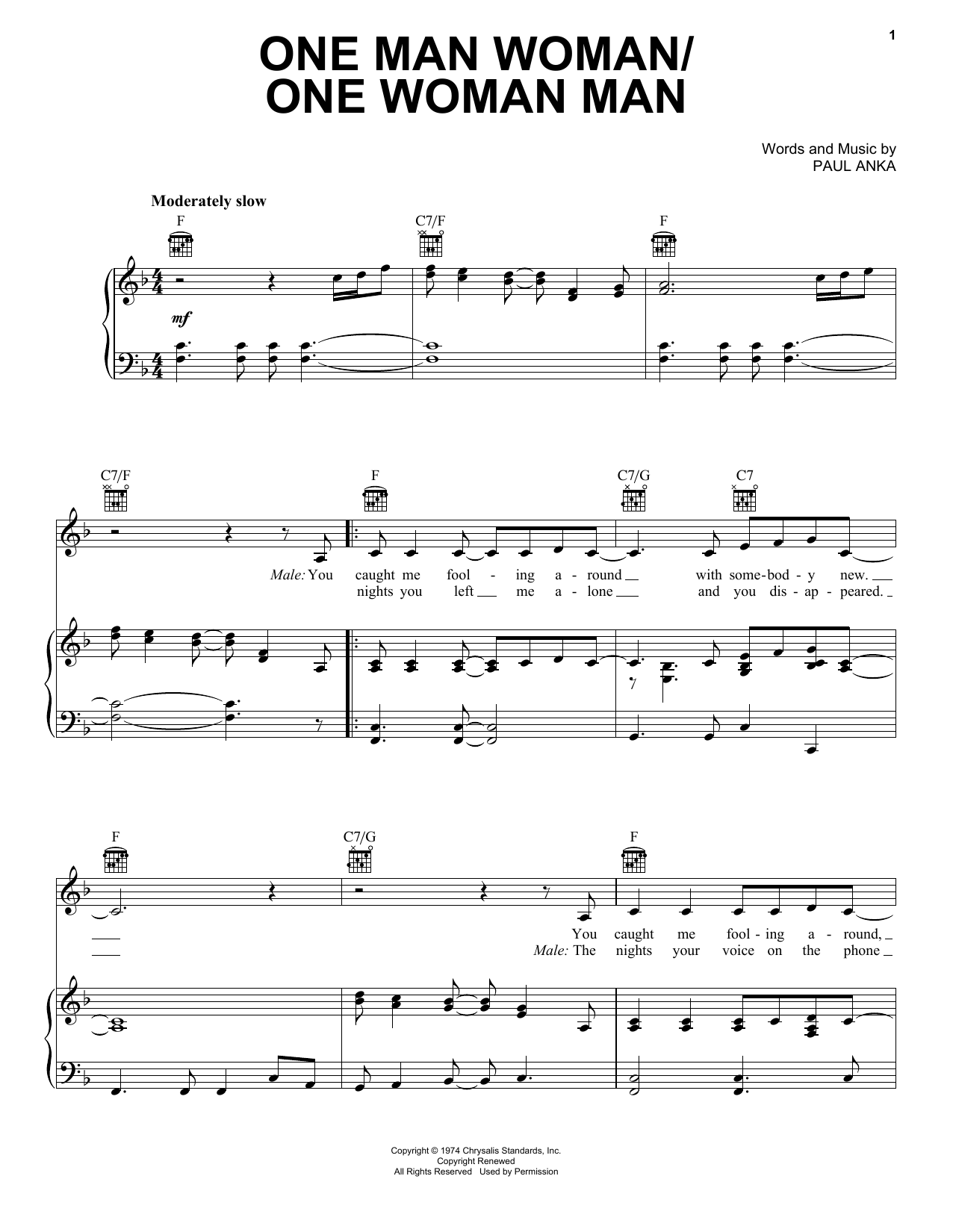 Paul Anka One Man Woman/One Woman Man Sheet Music