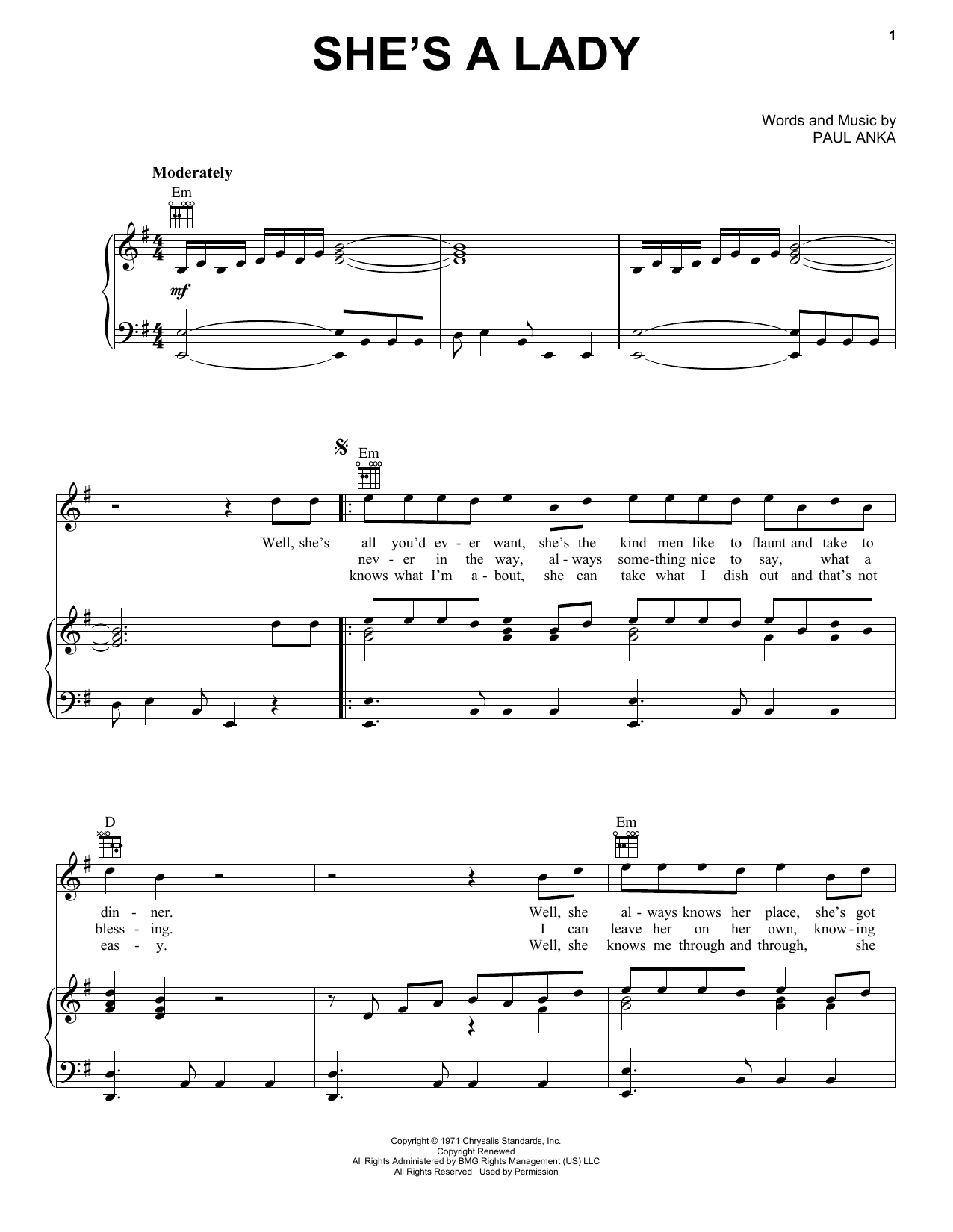 Paul Anka She's A Lady Sheet Music