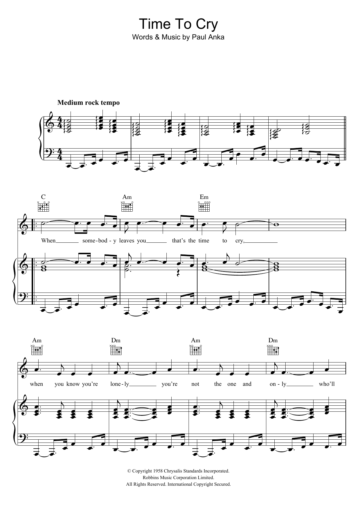 Paul Anka Time To Cry Sheet Music
