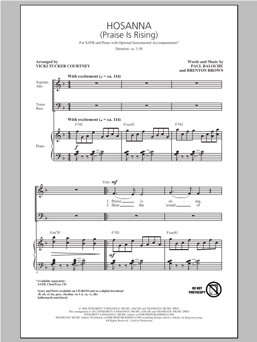 Paul Baloche Hosanna (Praise Is Rising) (arr. Vicki Tucker Courtney) Sheet Music