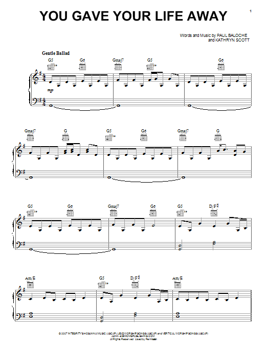 Paul Baloche You Gave Your Life Away Sheet Music