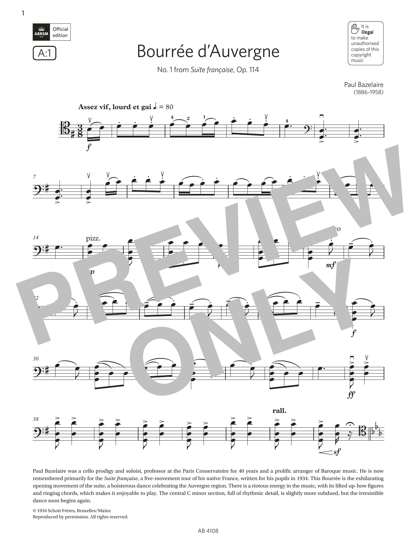 Paul Bazelaire Bourée d'Auvergne (Grade 5, A1, from the ABRSM Cello Syllabus from 2024) Sheet Music
