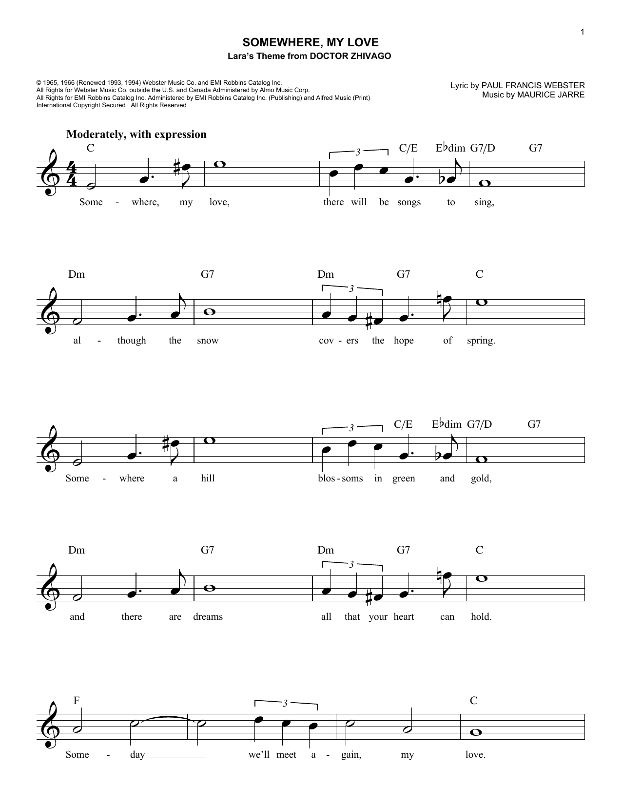 Paul Francis Webster Somewhere, My Love Sheet Music
