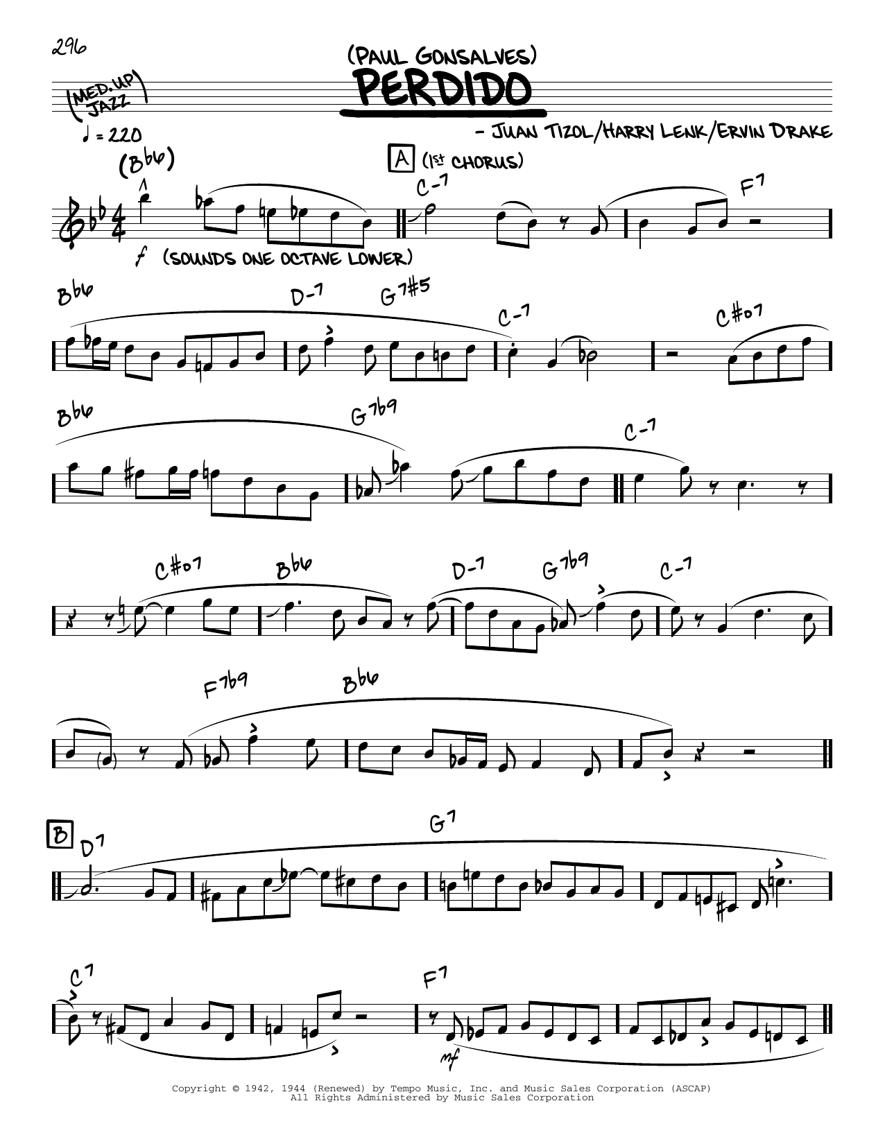 Paul Gonsalves Perdido (solo only) Sheet Music
