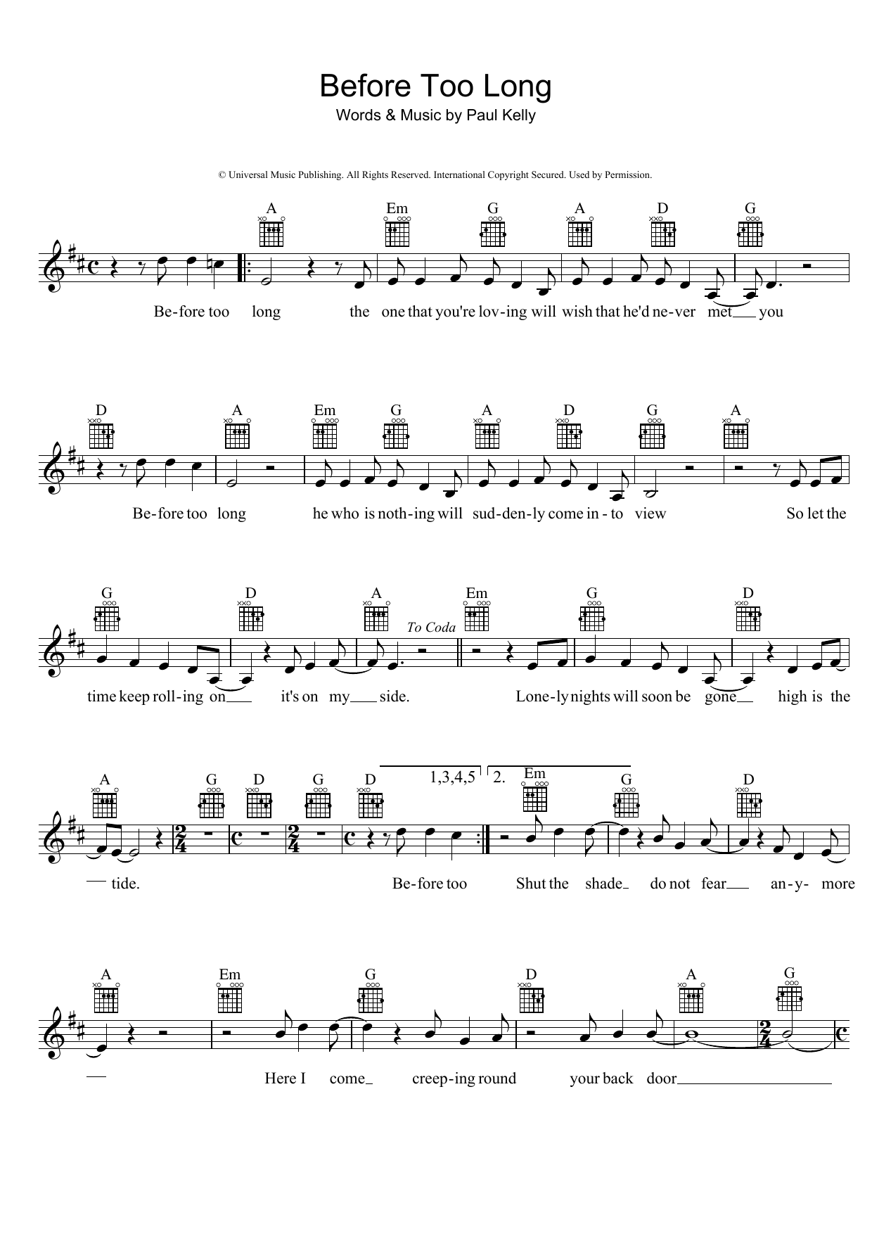 Paul Kelly Before Too Long Sheet Music