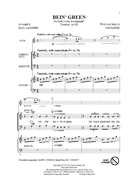 Paul Langford Bein' Green Sheet Music