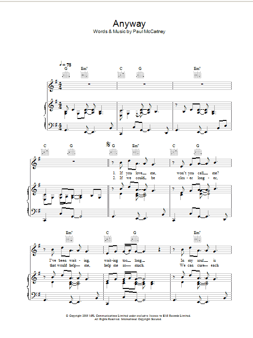 Paul McCartney Anyway Sheet Music