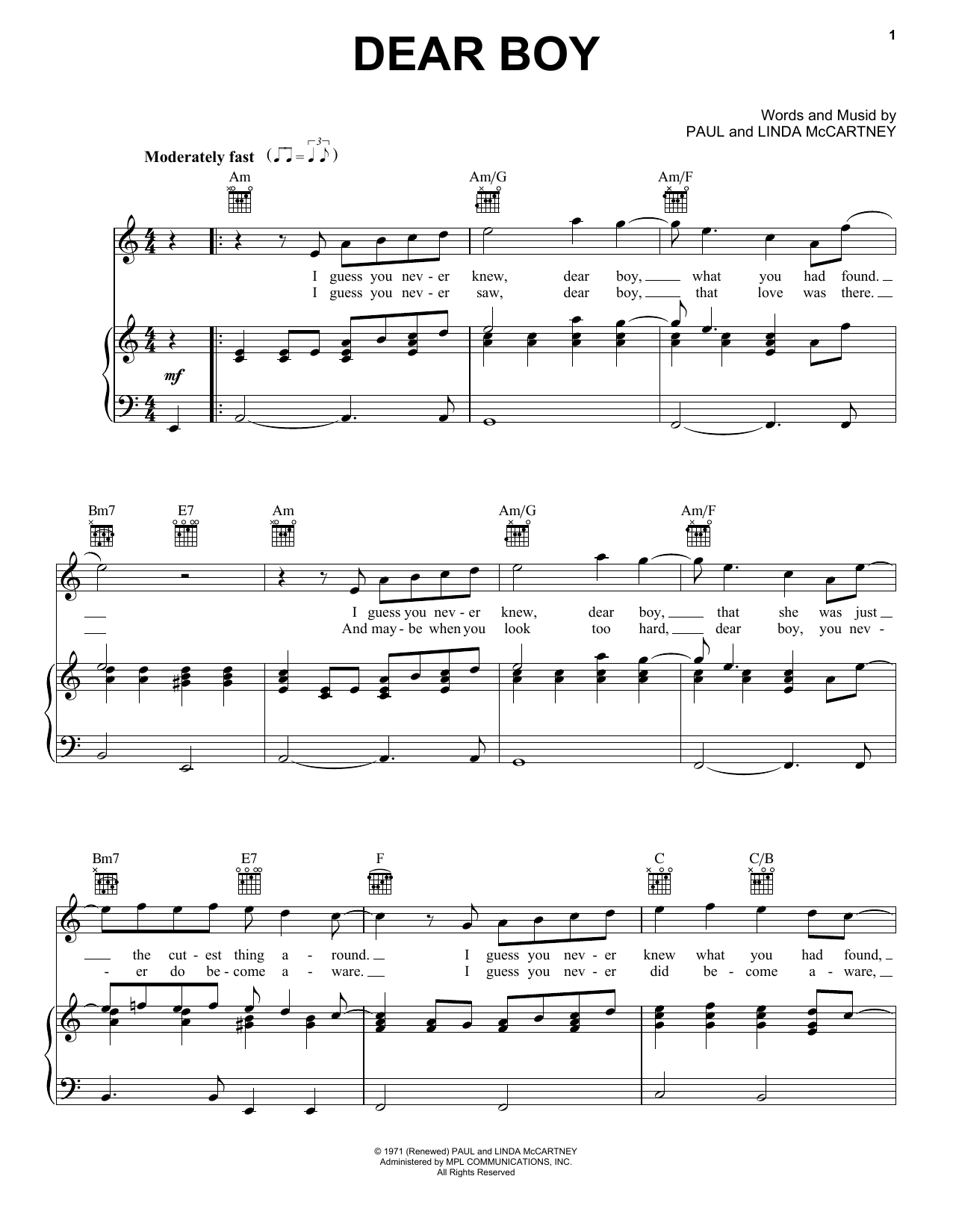 Paul McCartney Dear Boy Sheet Music