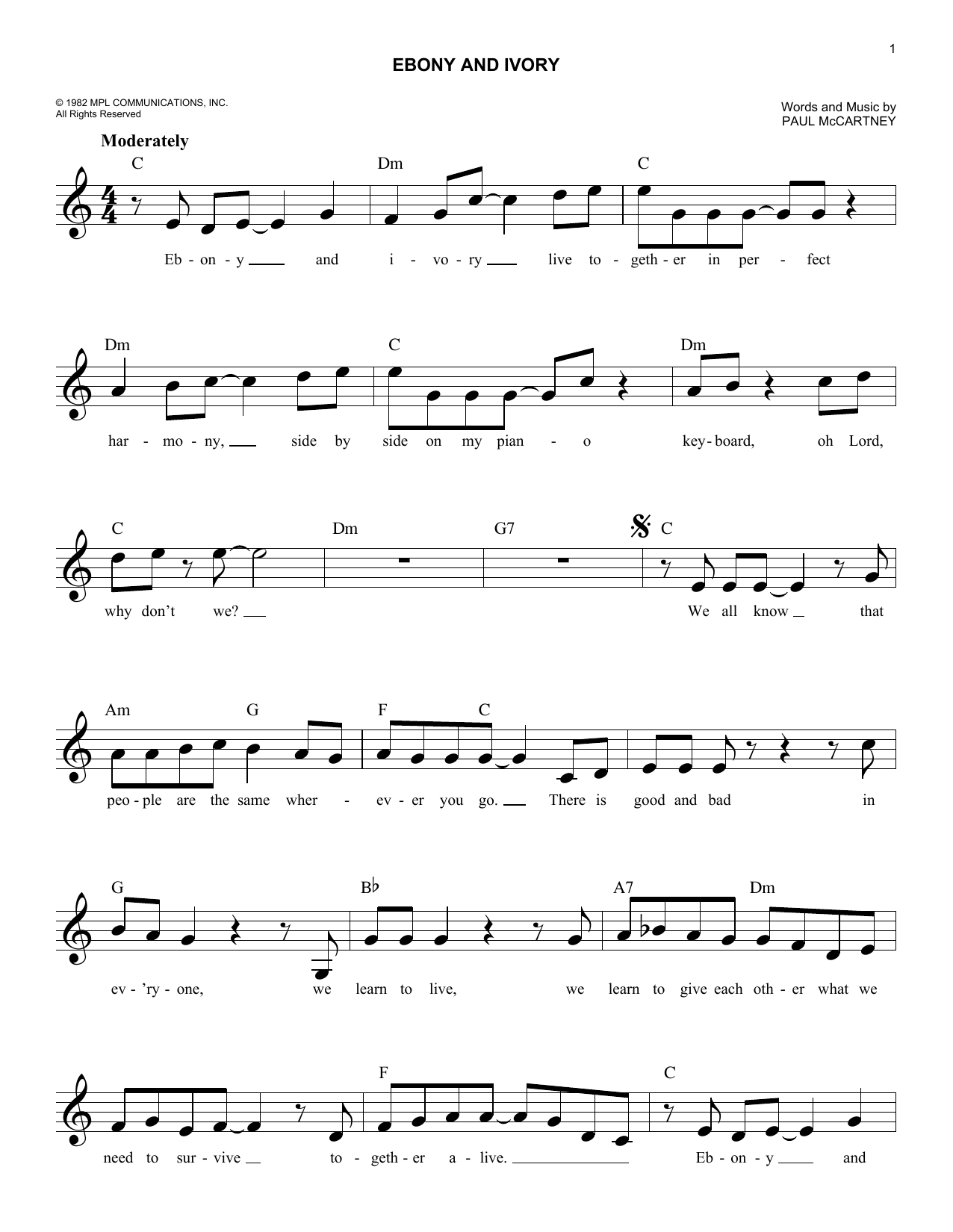 Paul McCartney Ebony And Ivory Sheet Music