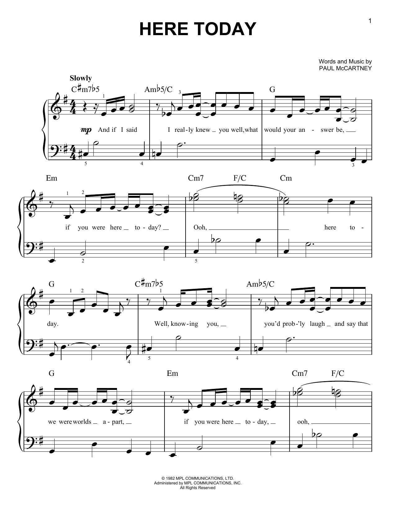 Paul McCartney Here Today Sheet Music