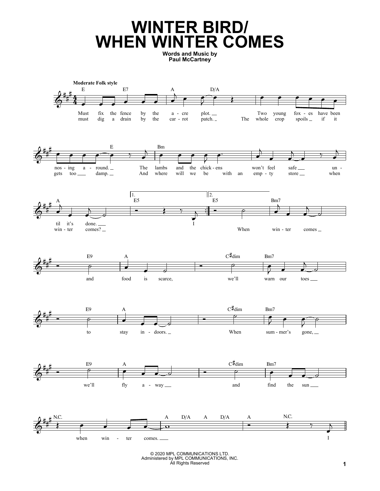 Paul McCartney Winter Bird / When Winter Comes Sheet Music
