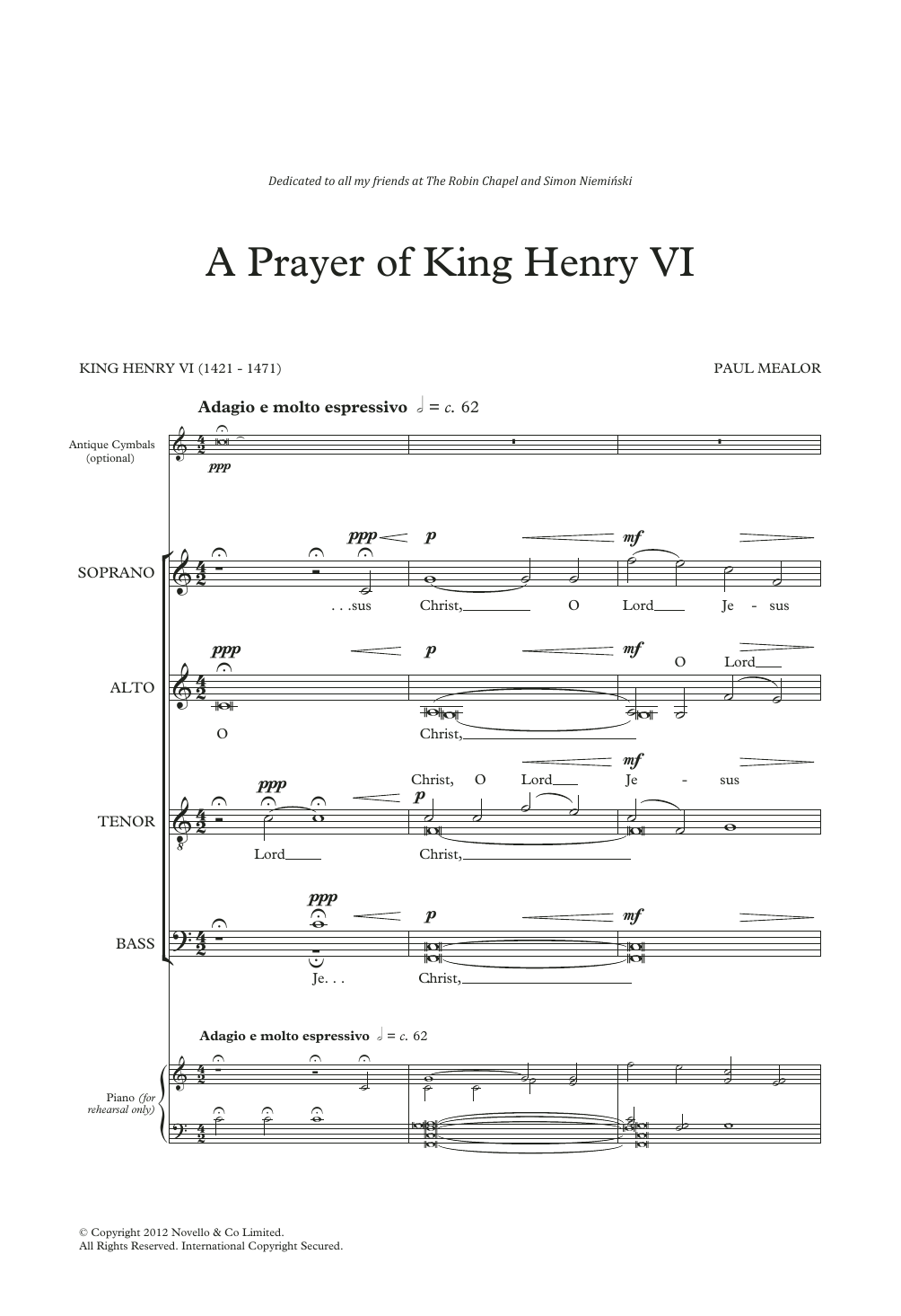 Paul Mealor A Prayer Of King Henry VI Sheet Music