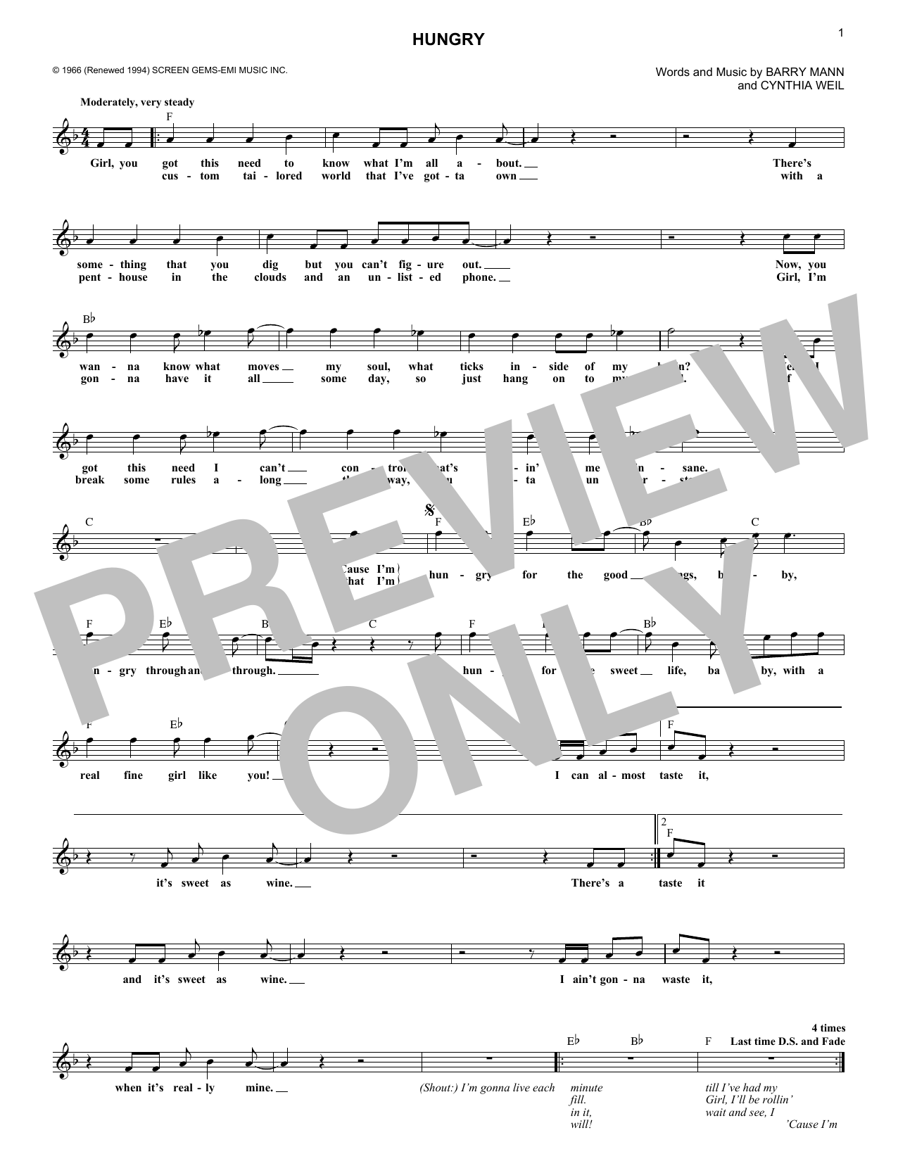 Paul Revere & The Raiders Hungry Sheet Music