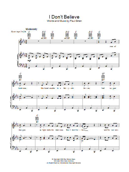 Paul Simon I Don't Believe Sheet Music