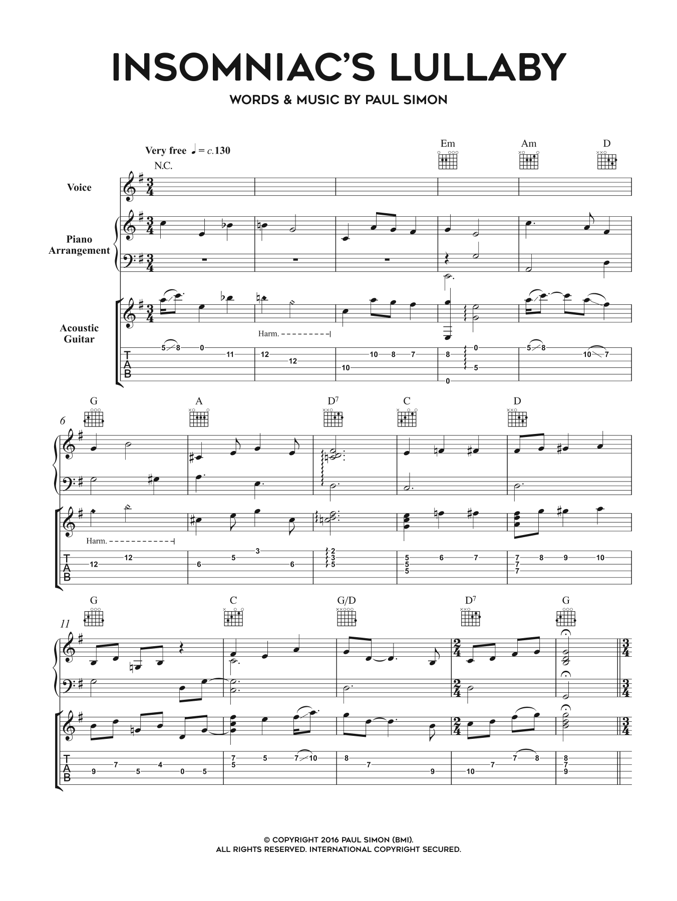 Paul Simon Insomniac's Lullaby Sheet Music