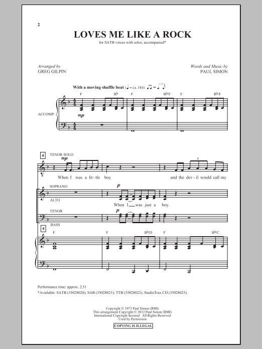 Paul Simon Loves Me Like A Rock (arr. Greg Gilpin) Sheet Music