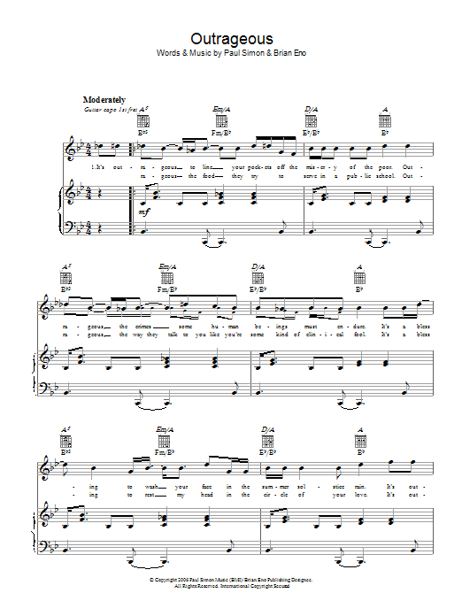 Paul Simon Outrageous Sheet Music
