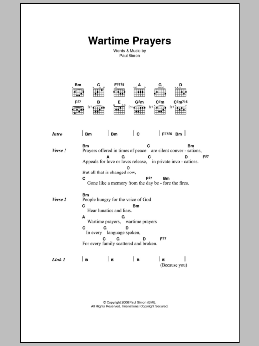 Paul Simon Wartime Prayers Sheet Music