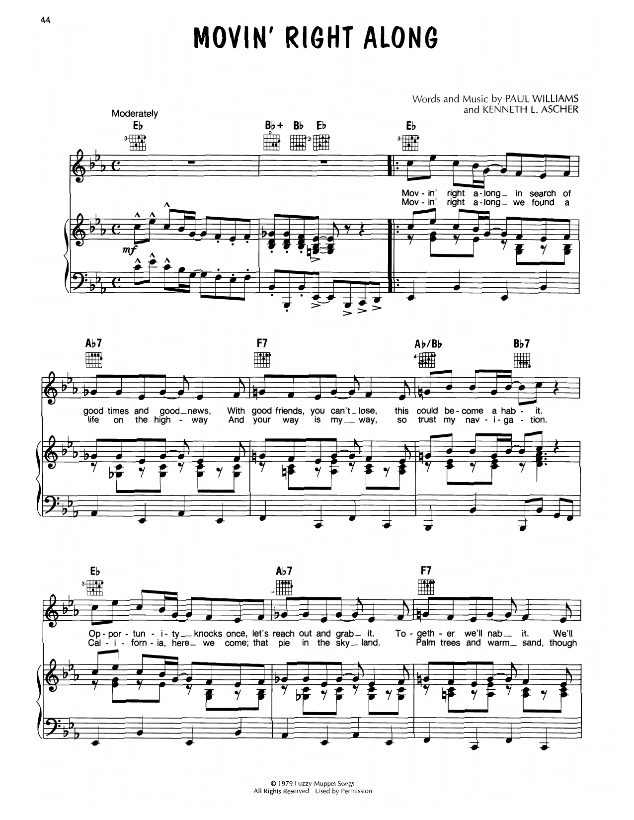 Paul Williams Movin' Right Along (from The Muppet Movie) Sheet Music