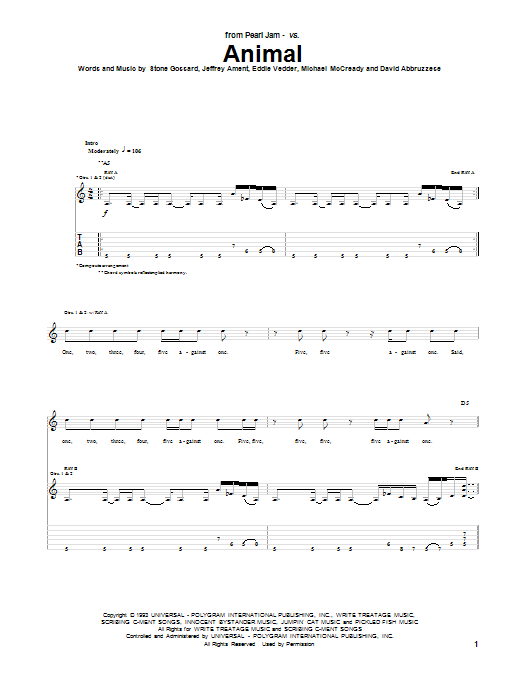 Pearl Jam Animal Sheet Music
