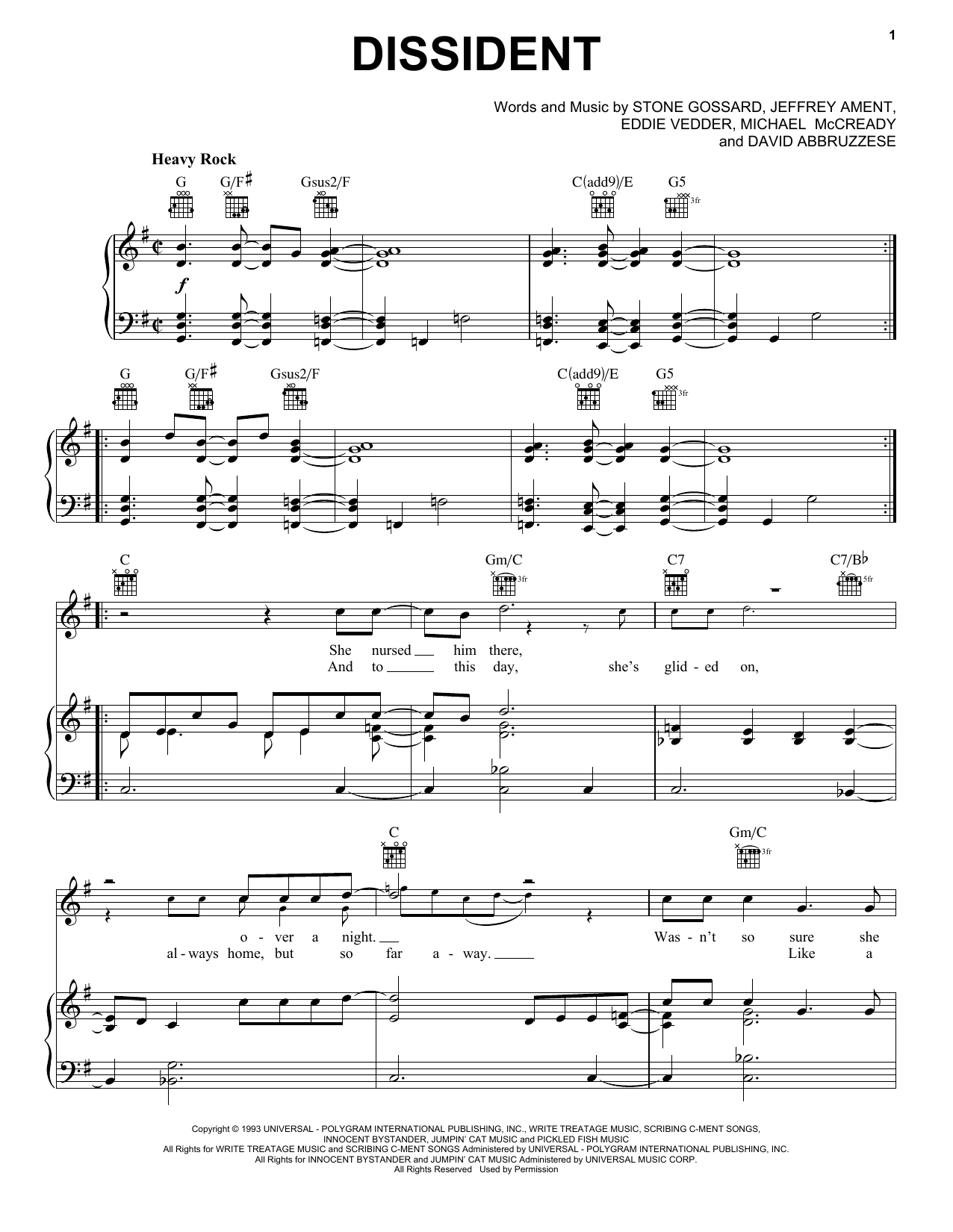 Pearl Jam Dissident Sheet Music